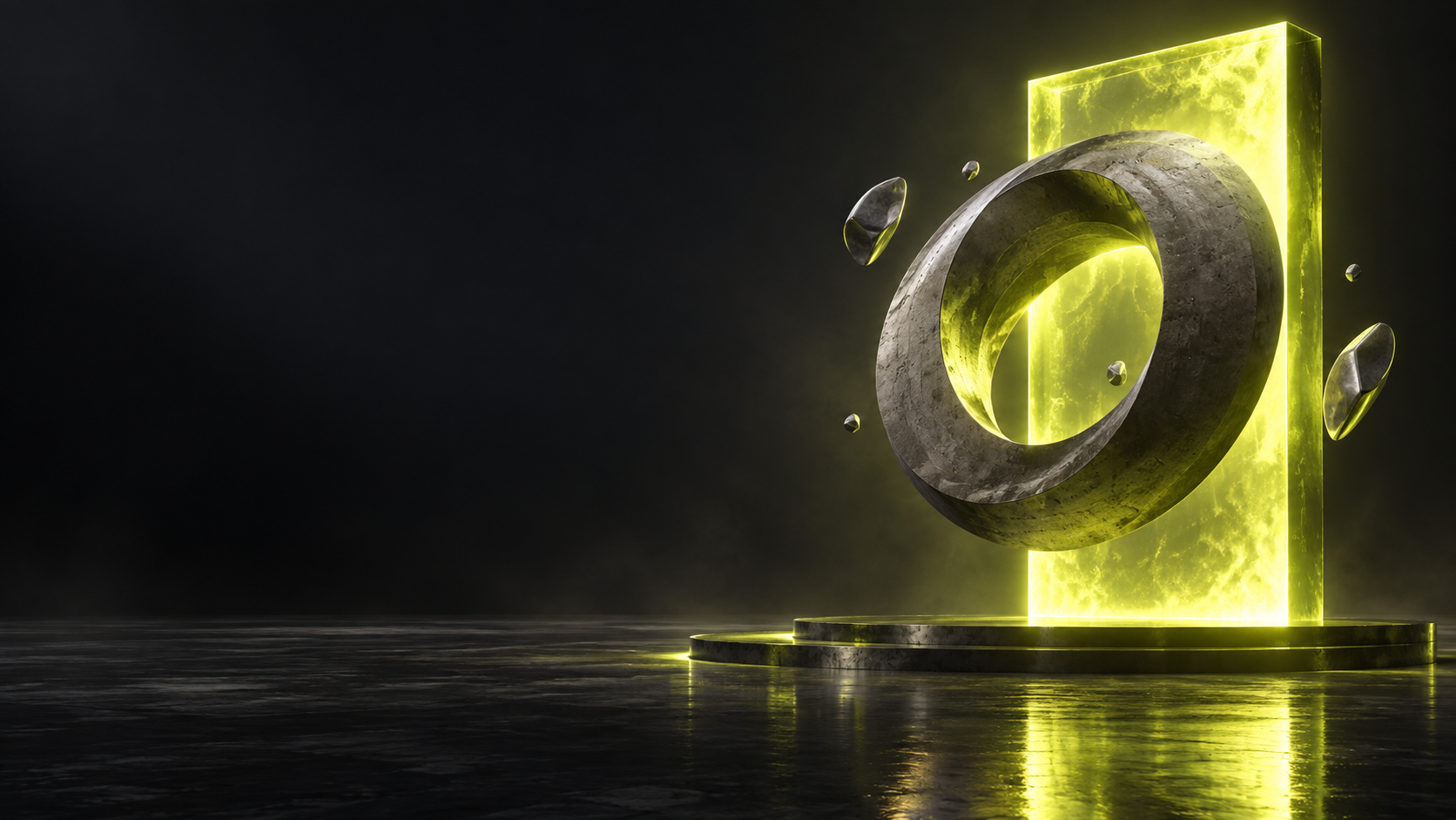A luminous chartreuse portal in a sculptural dark environment